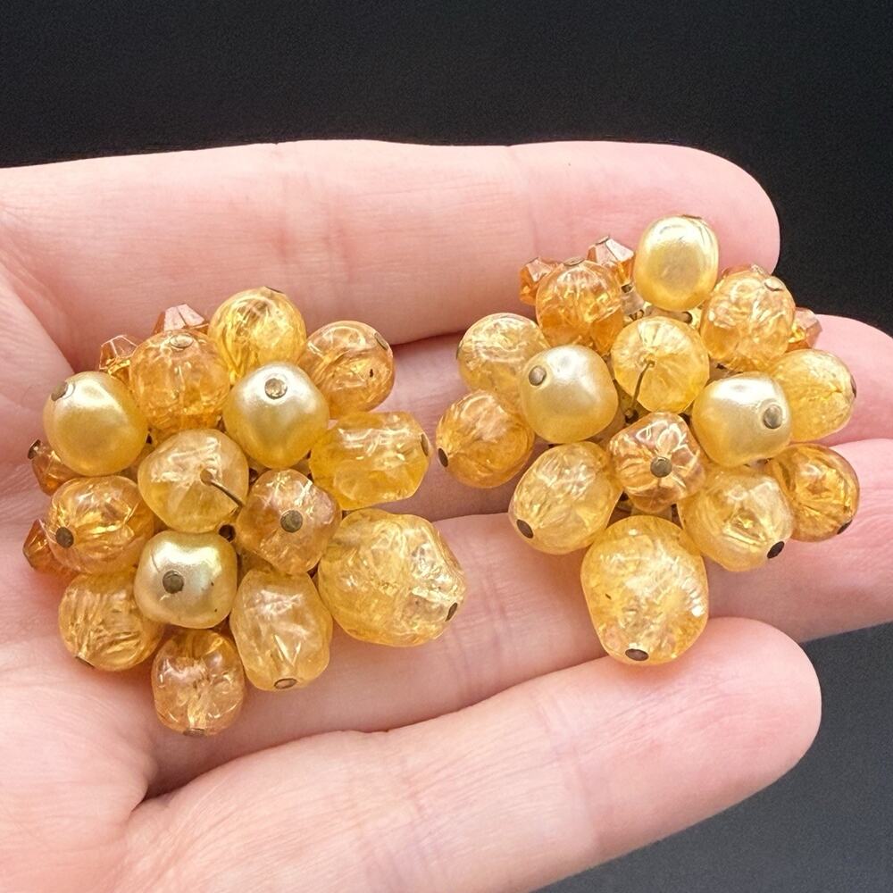 Vintage West Germany Clip On Earrings Orange Yellow Cluster Bead Fall Autumn